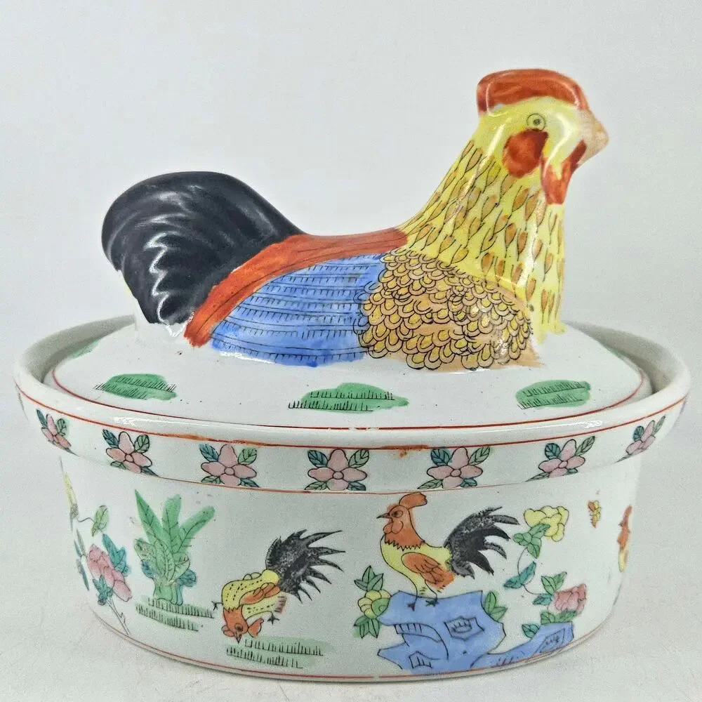 Vintage Chinese Hand Painted hen on nest Covered Casserole Dish Tureen